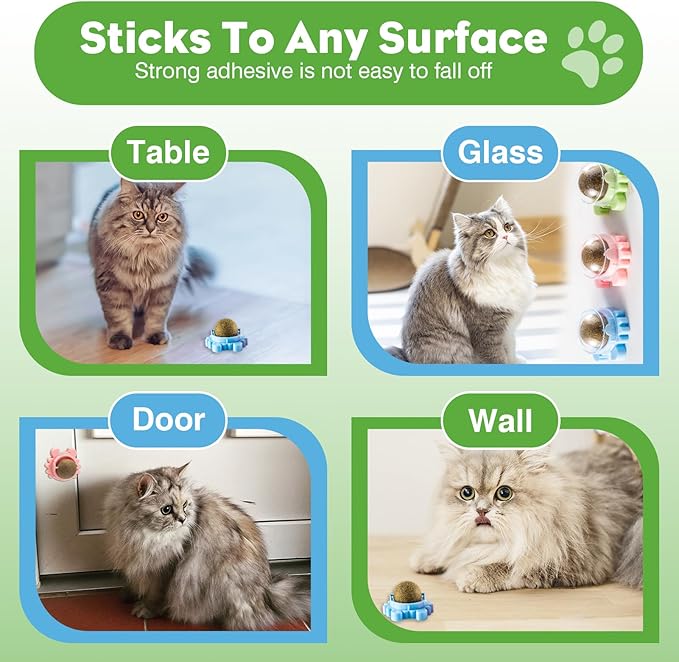 4 Pack Catnip Balls Roller Wall Ball for Cats Spinning Catnip Station Licking Balls Organic Cat nip Chew Ball for Teeth Cleaning & Play