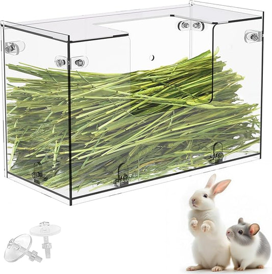Acrylic Rabbit Hay Feeder with Lid, Transparent Hanging Food Dispenser Hay Feeder for Bunny Rabbits Guinea Pig Cage Chinchillas Hamsters Small Pets and Animals（Small