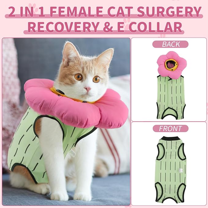 EMUST Cute Cat Recovery Suit and Adjustable Flower Cone Collar Set - Soft Surgical Suit for Abdominal Wounds, Cat Cones After Surgery for Female Kittens Under 4lb (Green)
