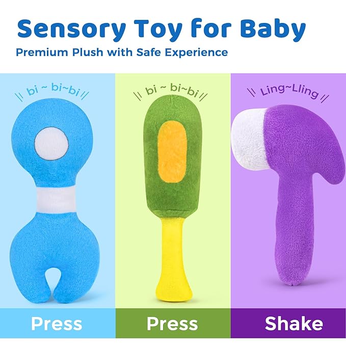 KMUYSL Baby Toys 6-12 Months, My First Tools Plush Toys -4 Pcs Sensory Playset Soft Toys with Squeaker Crinkle for 6-9-12 Months Newborn Infant, Birthday Christmas Gifts for Boys Girls
