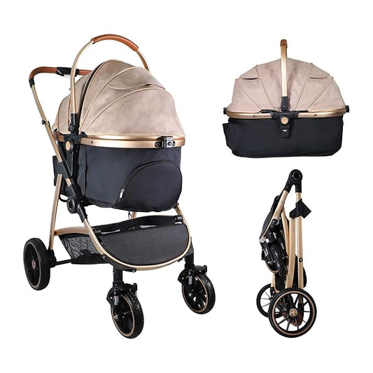 3 in 1 Multifunction Pet Stroller for Small Medium Dogs Cats, No-Zip Dog Stroller with Detachable Carrier & Cup Holder, One-Hand Quick Fold, 4 Wheels Travel Foldable Aluminum Alloy Frame Up to 33 lbs