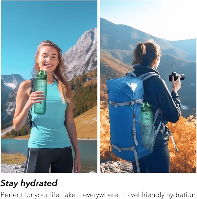 32oz Motivational Water Bottles with Time Marker & Fruit Strainer, Transparent Gradient Color Water Bottle with Times to Drink, Leakproof & BPA Free, Reusable Bottle with Strap (No Straw)