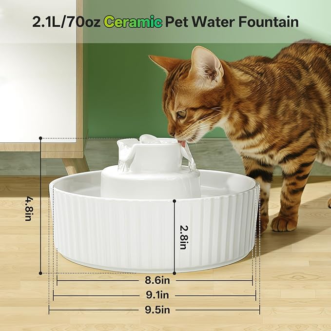 Ceramic Cat Water Fountain, 2.1L/70oz Porcelain Pet Drinking Dispenser with 4 Set Replacement Filter & Sponge, Automatic Dog Water Bowl with Ultra-Quiet Pump, Cat Feeding Watering Supplies(White)