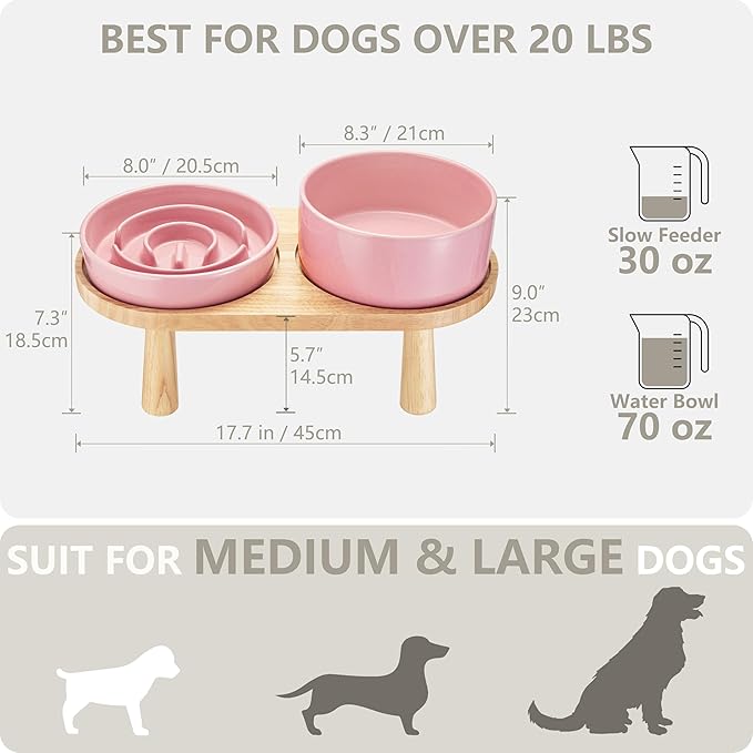 Ceramic Slow Feeder and Water Bowl Set for Medium and Large Dogs, Ceramic Dog Bowls Elevated with Wooden Stand, 2.0 Cups Dog Slow Feeder(30oz) and 70oz Water Bowl Set, Pink
