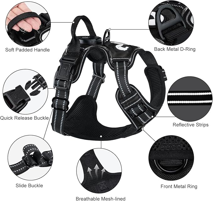 Taglory Light Up Dog Harness, Rechargeable No Pull Dog Vest with 3 Lightning Modes, Reflective Dog Harness with 2 Leash Clips & 4 Adjustable Slide Strips for Medium Dogs, Black-Blue, M