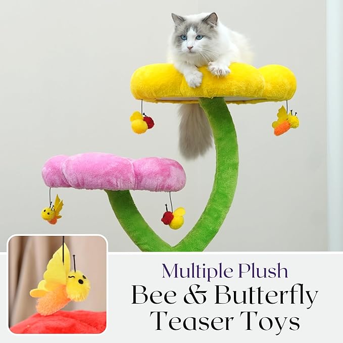 Catry 5-Level 40" Colorful Garden Style Cat Tree with Flower Perches, Leaf Hammock, Fruit Condo, Natural Sisal Scratching Post, Bee Toys, Parts Replaceable
