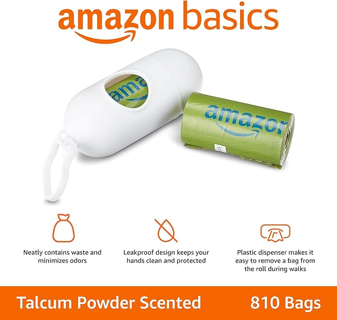 Amazon Basics Dog Poop Bags with Dispenser, 810 Count, Enhanced for Guaranteed Leakproof, Talcum Powder Scented, Includes Leash Clip