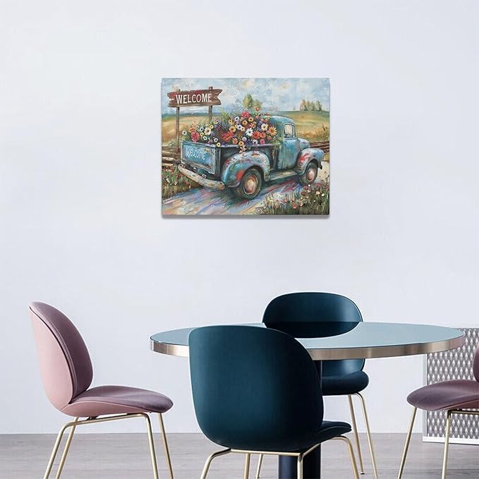 Farmhouse Truck Wall Art Rustic Country Wildflowers Wall Decor Road Flowers Landscape Pictures Canvas Print Painting Artwork for Bathroom Living Room Bedroom 16"x20"