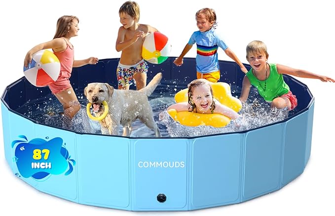 COMMOUDS 87Inch Large Foldable Dog Pool, Collapsible Hard Plastic Dog Kiddie Swimming Pool, Portable Pet Bath Tub Wading Pools for Kids and Puppy Small Medium Large Dogs