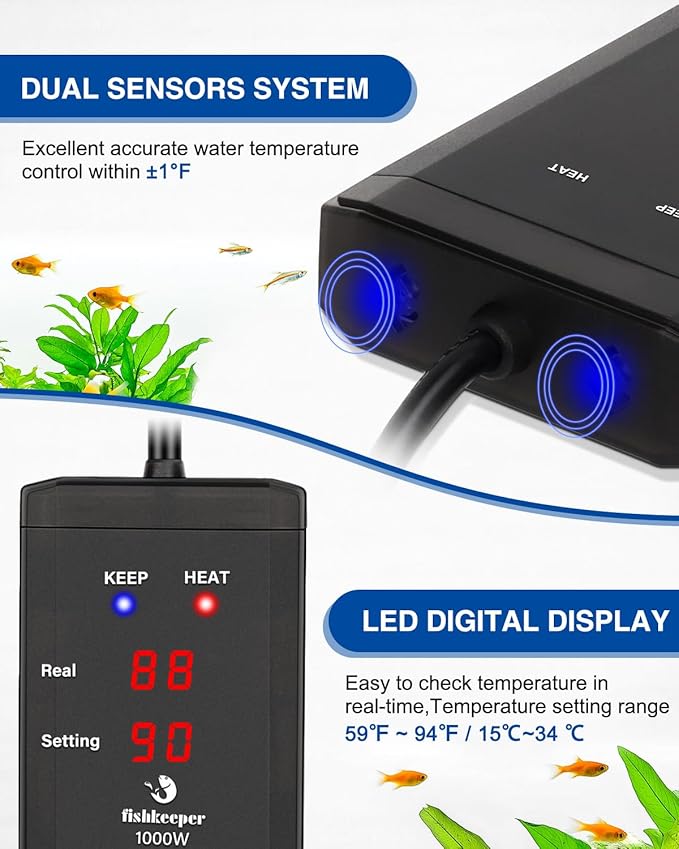 fishkeeper 500W Submersible Aquarium Heater – Ultra-Safe Digital Fish Tank Heater for 53-130 Gallon, Leaving Water Auto Power-Off, PID Intelligent Fast Heating, 59°F-93°F Accurate Temperature Control