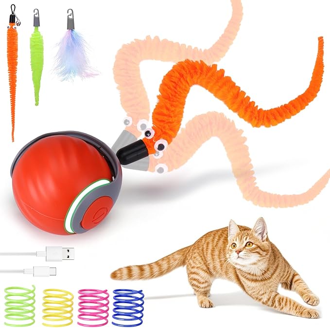 AIERSA Interactive Automatic Cat Toys for Indoor Adult Cats,Self Play Speed Tail Toy with 3 Tails and 4 Springs (Orange)