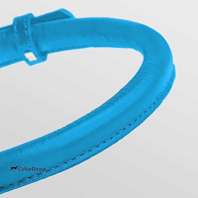 CollarDirect Rolled Leather Dog Collar, Soft Padded Round Puppy Collar, Handmade Genuine Leather Collar Dog Small Large Cat Collars 13 Colors (15-19 Inch, Light Blue Textured)