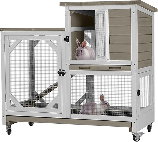 GUTINNEEN Rabbit Hutch Indoor Mobile Bunny Cage with Run Wooden 2 Story Guinea Pig Cage Outdoor for Small Animals with Wheels,Two Deeper No Leak Trays(Grey)