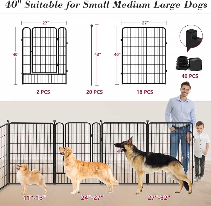 Dog Playpen 40 inch 20 Panels Indoor Outdoor Dog Pen for Large/Medium/Small Dogs Heavy Duty Metal Dog Fence Outdoor for Yard, Puppy Playpen with Door Portable Pet Fence for RV Camping Yard