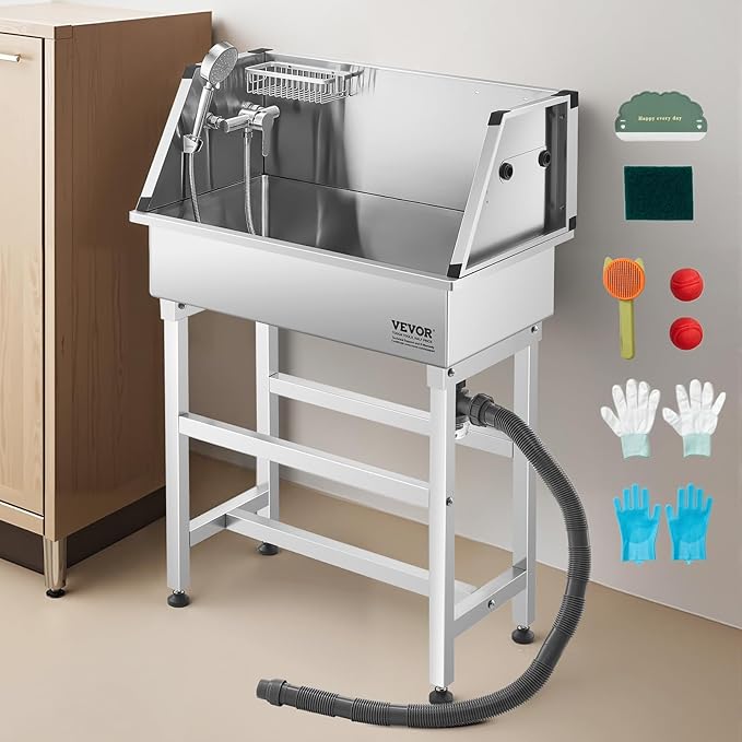VEVOR Stainless Steel Dog Washing Station, 34 inch Pet Grooming Tub w/Faucet & Showerhead & Soap Holder & Play Balls Simple Dog Bathtub for Multiple Pets, Home Washing Sink