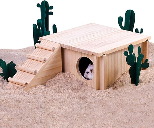 Fhiny Wooden Hamster Hideout for Small Animal, Gerbils Chamber Hut with Ladder Habitats Decor, Maze Climbing Toys for Dwarf Syrian Hamsters Mice and Other Small Pets