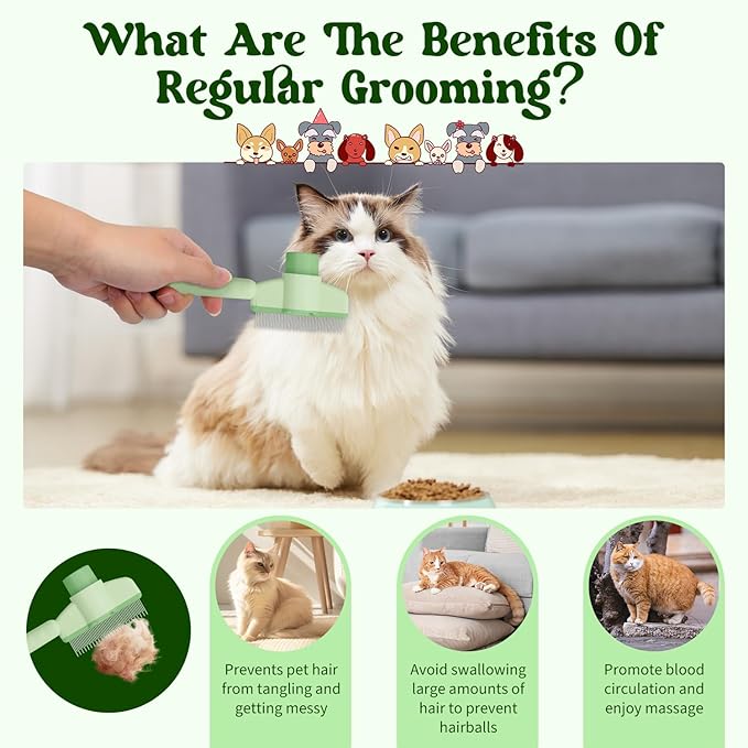 Pet Hair Removal Comb Flea Comb, 2025 New Cat Grooming Brush with Release Button, De-Shedding Cat Brush for Short and Long Hair Cats (Green)