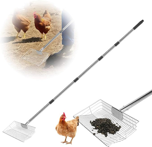Chicken Poop Scooper with Stainless Steel Handle,24" to 68" Adjustable Length Chicken Coop Litter Scoop,4 in 1 Multifunctional Heavy Duty Litter Sifting Shovel Chicken Coop Accessories