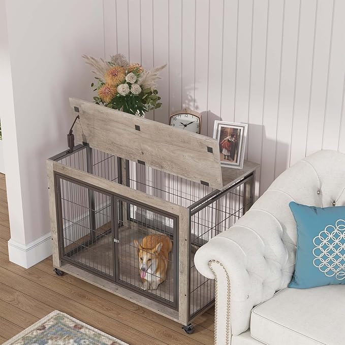 IchbinGo Wooden Dog Crate Furniture, 38.5" Dog Kennel with 3 Doors, Flip-up Top Opening and Wheels, Decorative Pet Crate Dog House for Large/Medium/Small Dog Indoor Use (Rustic Grey)