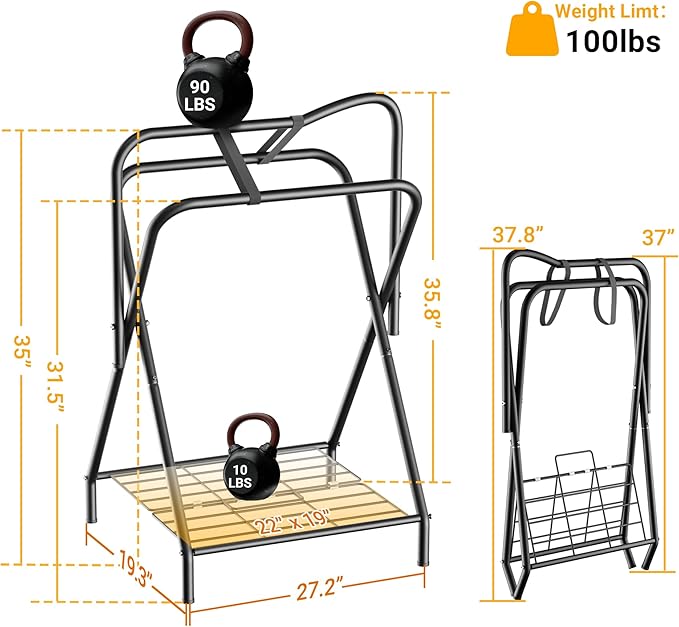 Dunatou Saddle Rack Freestanding Saddle Stand Foldable Horse Saddle Storage Rack Full Size Saddle Pad Rack Horse Blanket Holder Heavy Duty Saddle Holder for English and Western Horse Saddles, Black