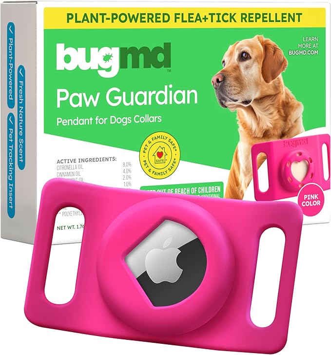BugMD Paw Guardian Flea and Tick Prevention Pendant for Dogs with AirTag Holder | Plant-Powered Flea & Tick Control for Dog Collars Harnesses | Dog Tag with Air Tag Holder - Pink