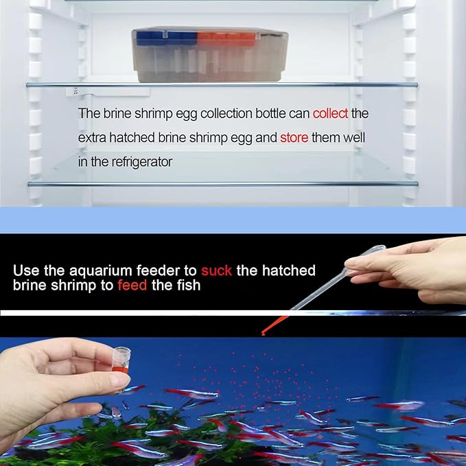 Brine Shrimp Egg Dispense Storage Kit with 50 Egg Collection Bottles, Holder, 3 Aquarium Feeders, 2 Automatic Feeding Bottles, Collecting Net