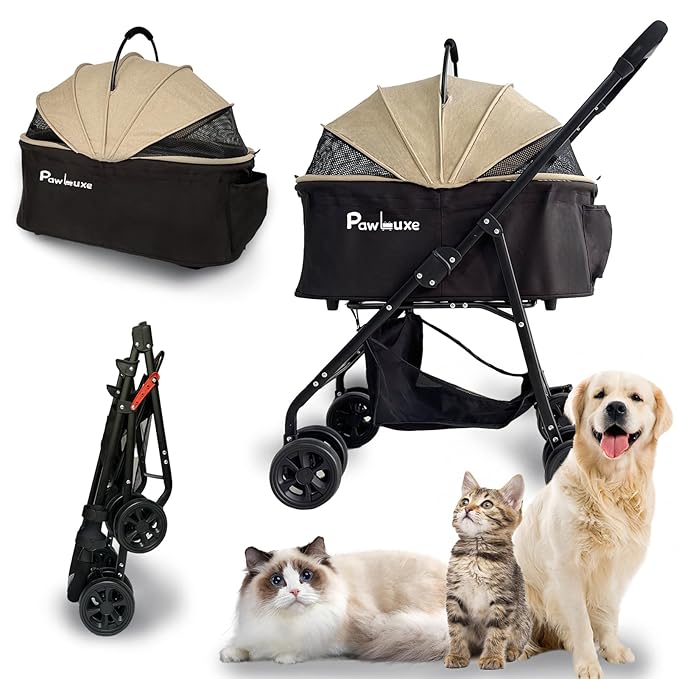 4 Wheels Pet Stroller 4 in 1 Pet Stroller with Detachable Carrier for Small & Medium Dogs Cats up to 55 lbs Easy-Folding Travel Dog Wagon with Car Seat Breathable Mesh,Khaki