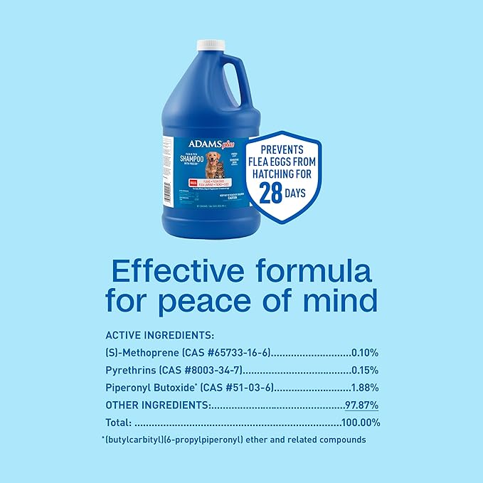 ADAMS Plus Flea & Tick Shampoo with Precor IGR for Cats, Kittens, Dogs & Puppies Over 12 Weeks Of Age, Sensitive Skin Flea Treatment, Kills Adult Fleas, Flea Eggs, Ticks, and Lice, 1 Gallon