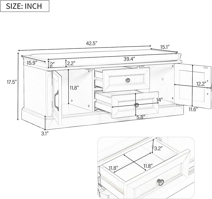 Storage Bench with 2 Drawers and 2 Cabinets, Pine Wood Pine Wood Shoe Bench with Removable Cushion for Living Room, Entryway 42.5" L x 15.9" W x 17.5" H (Espresso)