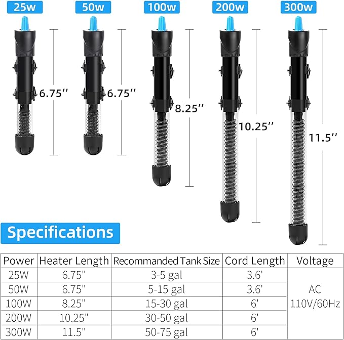 AQUANEAT Aquarium Heater, 25W Fish Tank Heater, Adjustable Submersible Water Thermostat with Digital Thermometer