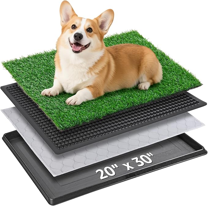 Dog Grass Pet Loo Indoor/Outdoor Portable Potty, Dog Litter Box, Artificial Grass Patch Bathroom Mat and Washable Pee Pad for Puppy Training, Full System with Trays (Pet Training Tray, 20"x30")
