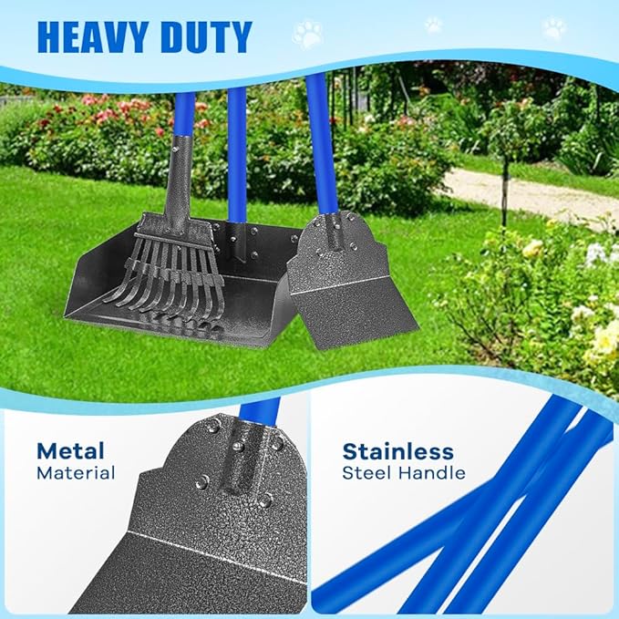 Larger Pooper Scooper Dog Pooper Scooper for Large Medium Small Dogs Heavy Duty Stainless Steel No Bending with Rake & Shovel & Extra Large Tray for Yard