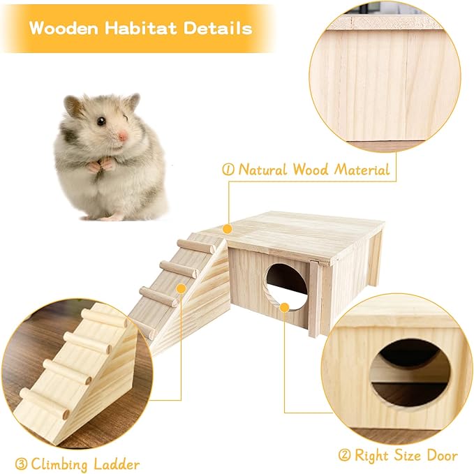 Fhiny Wooden Hamster Hideout for Small Animal, Gerbils Chamber Hut with Ladder Habitats Decor, Maze Climbing Toys for Dwarf Syrian Hamsters Mice and Other Small Pets