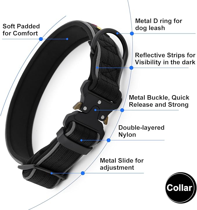 Plutus Pet Tactical Dog Collar, Reflective, Adjustable Heavy Duty Dog Collar, Soft Padded and Comfortable, for Small Medium and Large Dogs (Black, L)