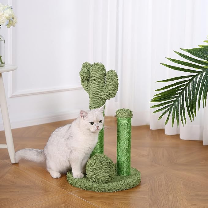 Amazon Basics Cat Scratcher - Indoor Cactus Triple Posts Cat & Kittens Scratching Post with Dangling Ball, Small (22.4"H) - Green