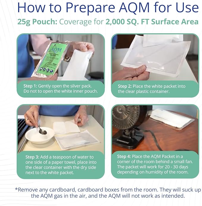 AQM by OdorXit, Air Quality Manager Chlorine Dioxide Odor Removal Packet, Dog Odor Eliminators for Hom, Wet Dog Smell & Car Deodorizer, Cigarette & Strong Smell Neutralizer, 25g