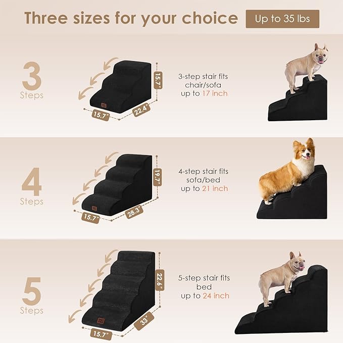 EHEYCIGA Curved Dog Stairs Ramp for Small Dogs 15.7" H, 3-Step Dog Steps for Couch Sofa and Chair, Pet Stairs for Cats, Non-Slip Balanced Pet Steps Indoor, Black