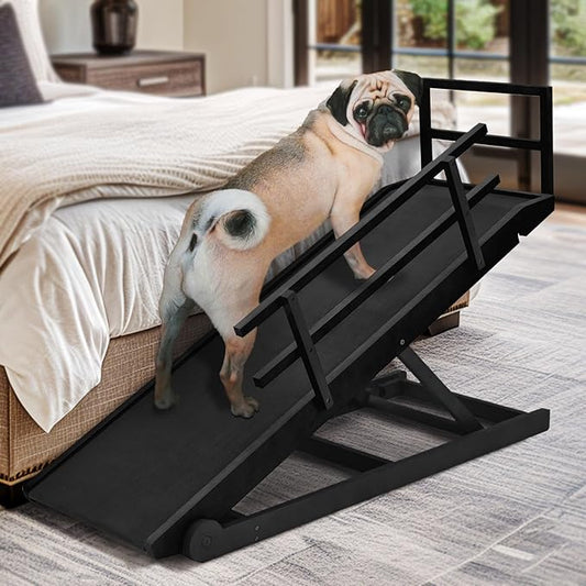 Dog Ramp for Bed, Adjustable Pet Ramps for Dog to Get on Bed, Non-Slip Rubber Surface - Folding Wooden Dog Ramp for Small/Large/Old Dogs, Adjustable up to 27.5 inch High Beds, Safety Railings