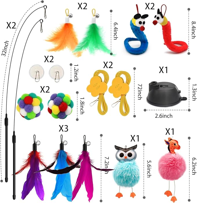 4-in-1 Interactive Cat Toys Set with Suction Cup Wand, Hanging Cat Toys, Fishing Pole Cat Wand & Kitten Balls- Includes Variety Replaceable Worms, Feathers for Indoor Bored Cats for Exercise