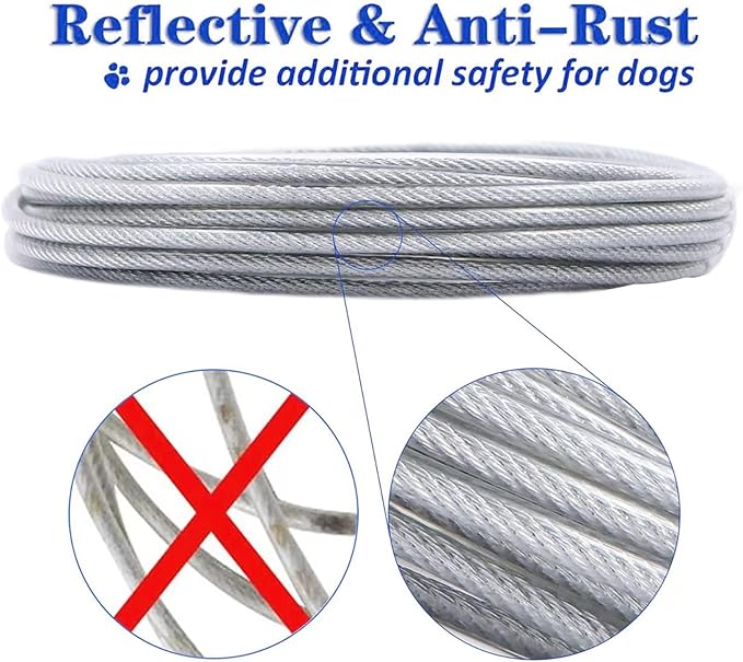 Dog Tie Out Cable for Dogs Outside Up to 250lbs,10/20/30/50/100FT Long Dog Leash&Chains,Small-Large Dogs Runner Cable for Yard,Heavy Duty Lead Line for Outdoor,Camping,Yard (250lbs 100FT, Silver)