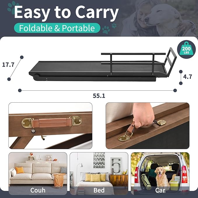 Dog Ramp, 5 Level Adjustable Height Folding Pet Ramp for High Bed, Portable Paw Ramps Large Bed Ramp for Medium & Large Old Dogs & Cats - Natural Wood Furniture Quality