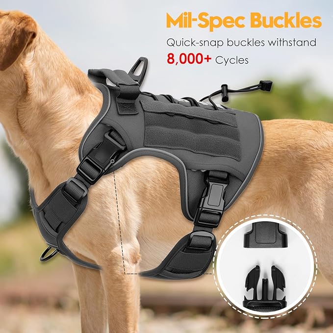 Heavy-Duty Tactical Dog Harness for Large Dogs, No Pull Adjustable Reflective Pet Vest with Molle System, K9 Military-Grade Control for Service Training, Outdoor & 10+ Breeds, Gray, XX-Large