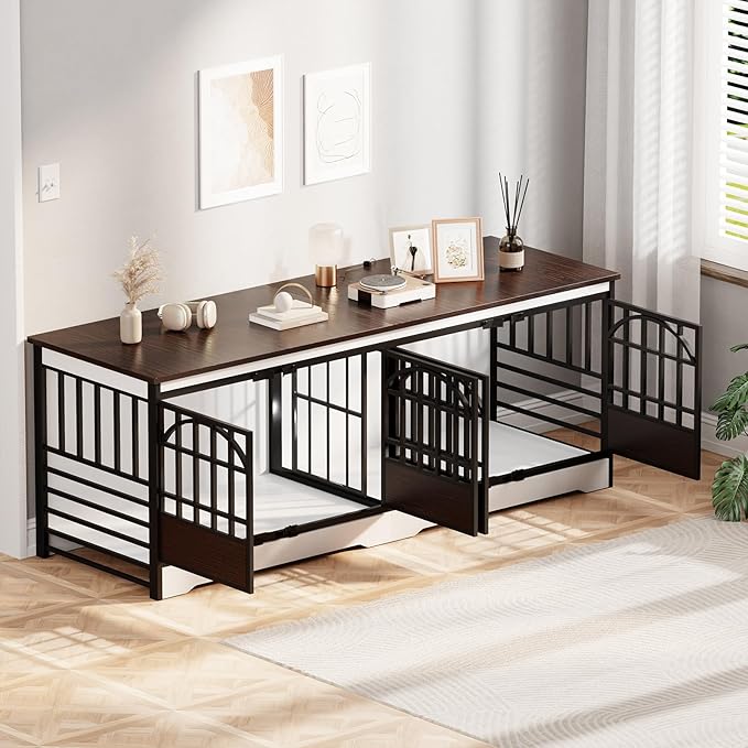 COZPAW 86 Inch Double Dog Crate Furniture for 2 Large Dogs, Decorative Dog Kennel Indoor TV Stand, Heavy Duty Wooden Dog Cage for Large Medium Dogs Sized Dog Pet House with Divider (White)
