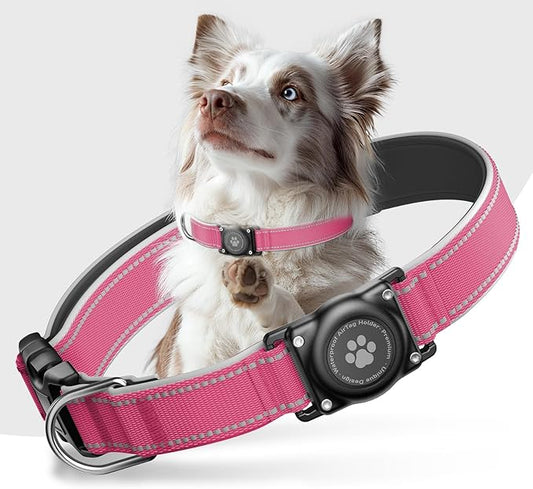 Airtag Dog Collar - 100% Waterproof Air tag Dog Collar Holder for Apple AirTag, Reflective, Soft Padded, Everlasting, GPS Dog Collar for Small Medium Large Dogs (Hot Pink, S)