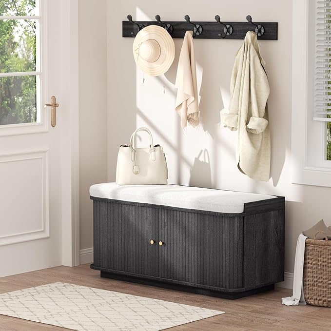 Dark Grey 39.4" W 2-Tier Shoe Bench with Storage | Entryway Bench with Padded Cushion, Sliding Doors & 5 Hooks