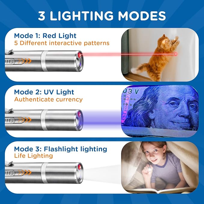 Cat Pointer Toy 2 Pack, Red LED Light Pointer Cat Toys for Indoor, USB Rechargeable 3 Light Colors Interactive Pet Toys, Chaser Training Interactive Toy