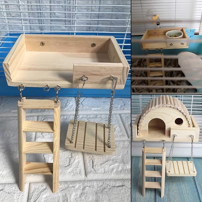 kathson Hamster Toy Set with Platform, Ladder, Swing - 5PCS Wooden Climbing Playground Accessories for Gerbils, Dwarf Hamsters, Rats, Chinchillas