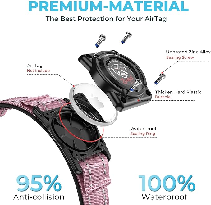 2025 Upgrade Airtag Dog Collar, Reflective Dog Collar with Airtag Holder, IP68 Waterproof| Metal Buckle| Ultra-Durable| Comfortable Padded, GPS Dog Collars for Medium Large Dogs (Pink,M)