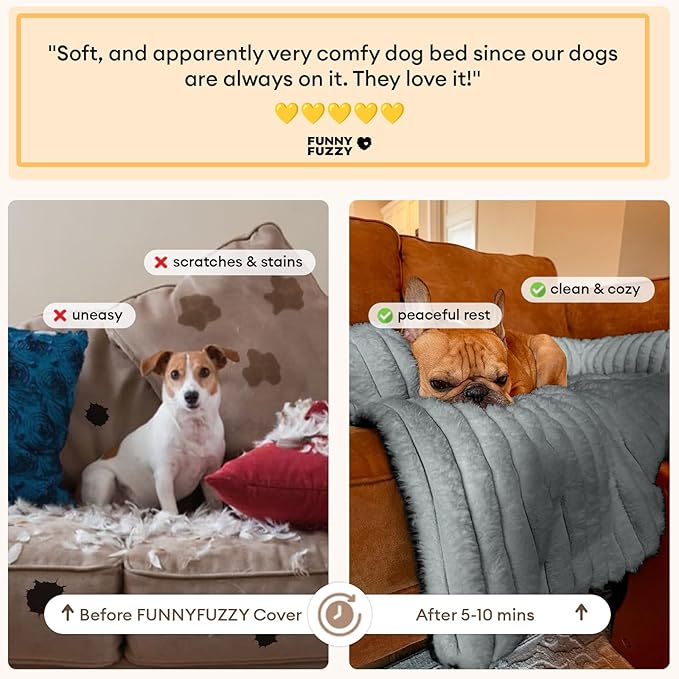 FUNNY FUZZY Pet Couch Cover for Sofa, Calming Dog Bed for Couch, Fluffy Plush Dog Couch Mat for Furniture Protector for Medium Dogs and Cats, 33×28 in, Mist Grey