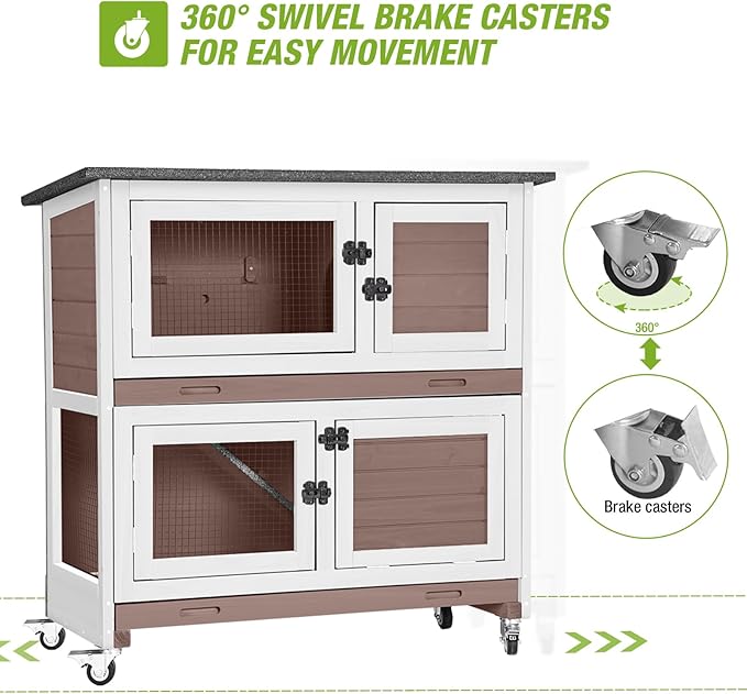 GUTINNEEN Rabbit Hutch Indoor with Chew-Proof Design, Wooden Bunny Cage Guinea Pig Cages with Lockable Wheels, Leak-Proof Trays for 1-3 Rabbits, Guinea Pigs, Small Animals (Brown)